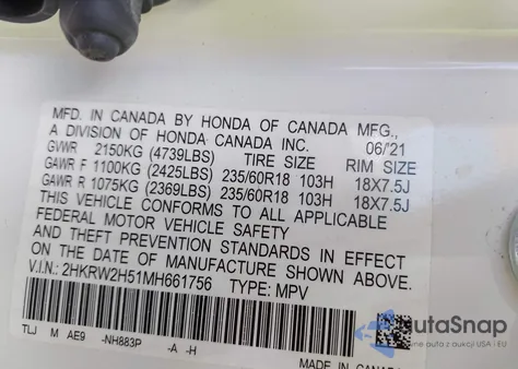 2021 Honda Cr-V Awd Ex из США, поврежденный, VIN 2HKRW2H51MH661756